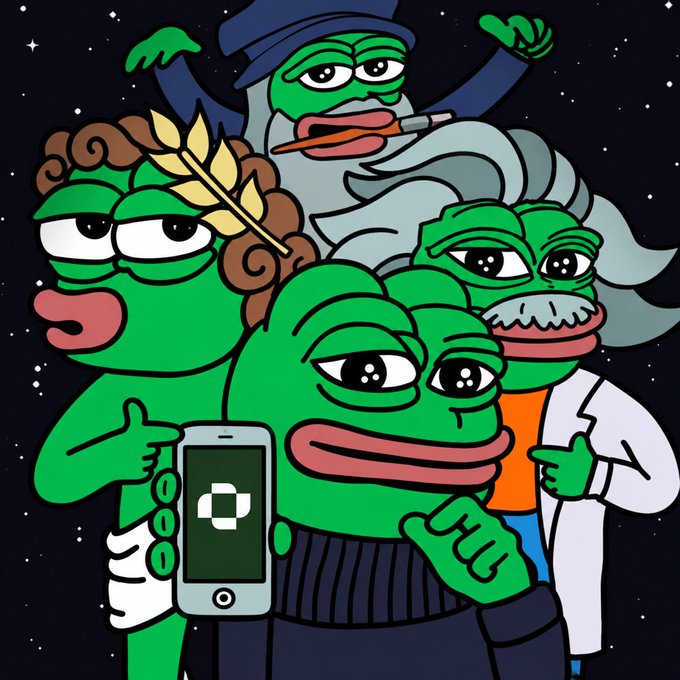 A cartoon group of green frog-like characters appears against a starry background, with one holding a phone and another wearing a lab coat.