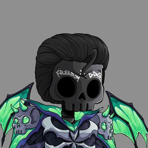A digital illustration depicts a dark skull-like figure with black hair, "FREEDOM DOG" written across its forehead, wearing a green and purple outfit with bat-like wings and small skulls.
