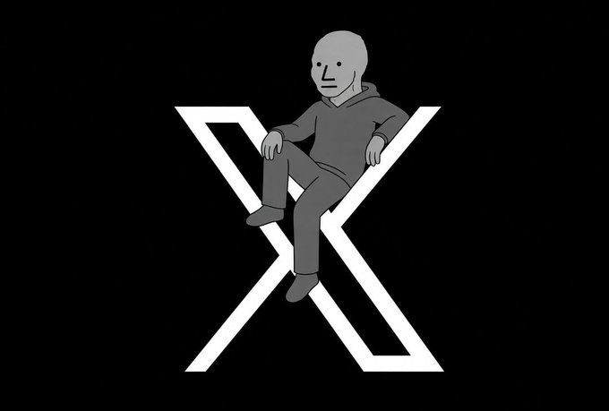 A stylized monochrome illustration features a bald figure in a hoodie sitting casually atop a large white 'X' letter against a black background.