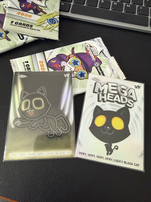 The image features a black desk with two boxes of cat-themed merchandise, including cat head magnets and cat cards. The boxes are placed next to each other, creating an interesting visual contrast between the two items. The text "Don't sleep on the VeeFriends Mega Boxes either two cats in one box" suggests that these items might be related to a popular online game or series featuring cats.