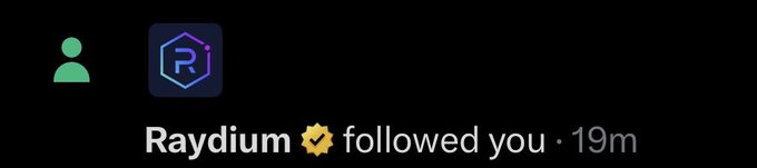 A social media notification on a dark background showing that "Raydium" with a verified badge has followed you 19 minutes ago.