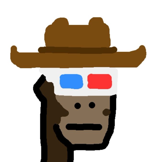 A cartoon doodle of a brown character wearing a cowboy hat and red-blue 3D glasses, watching a film with one hand on their face.