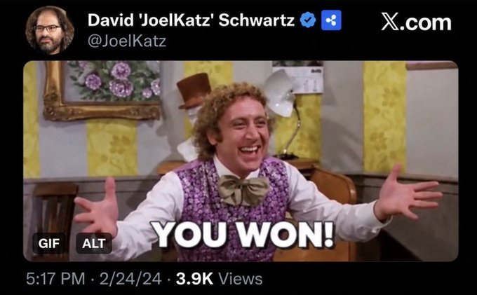 A screenshot of a tweet from David 'JoelKatz' Schwartz (@JoelKatz) featuring the "You Won!" meme from Willy Wonka & the Chocolate Factory, with the post timestamped 5:17 PM on 2/24/24 and showing 3.9K views. The accompanying post about "589 days + days = 10/6/2026" suggests a celebratory milestone or countdown is being marked with the victorious meme.