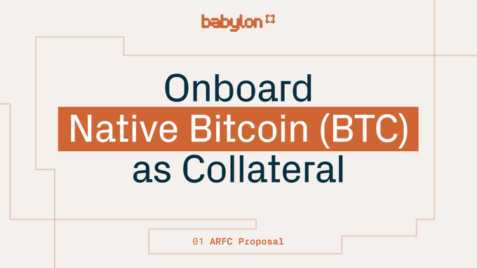 A slide with the Babylon logo presenting 'Onboard Native Bitcoin (BTC) as Collateral' as '01 ARFC Proposal' in orange and navy text.
