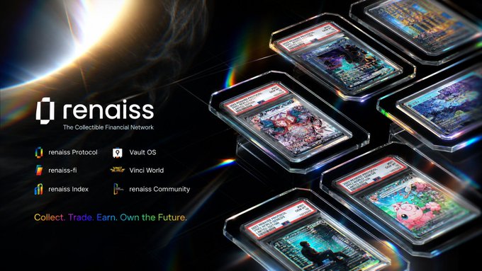 A promotional graphic for "renaiss - The Collectible Financial Network" displaying various components like renaiss Protocol, Vault OS, and Vinci World, alongside images of NFT trading cards.