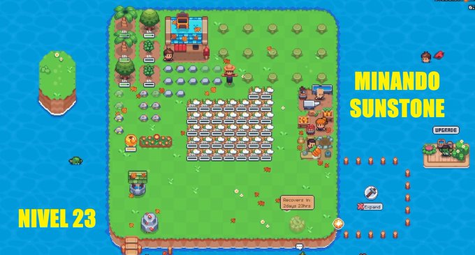A top-down view of a pixel art island-building game showing a farm with crops, trees, and characters, with yellow text overlays reading 'NIVEL 23' and 'MINANDO SUNSTONE'.