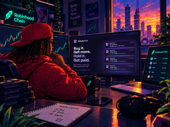 A digital illustration of a person in a red hoodie looking at computer screens displaying 'Robinhood Chain' branding with text including 'Buy it. Get more.', 'Hold it.', and 'Get paid.'