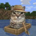 A gray tabby cat wearing a straw hat sits in a small wooden rowboat on water, holding a fishing pole. The image is captioned as a humorous illustration of the user's poor luck in the SixSeven fishing event, where players can reel in rewards like the Scared Cat.