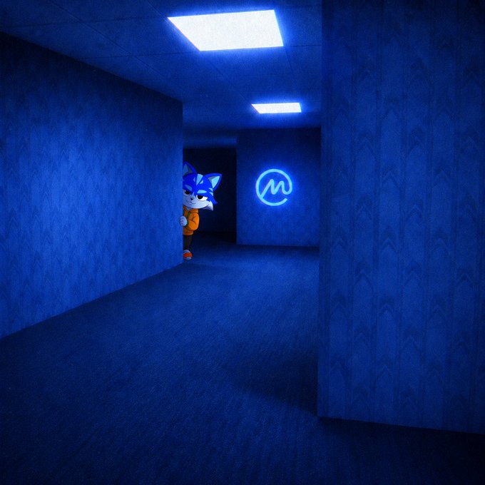 An animated scene featuring a Sonic the Hedgehog-like character peeking around a corner in a blue-lit room, with a glowing "M" logo on the far wall.