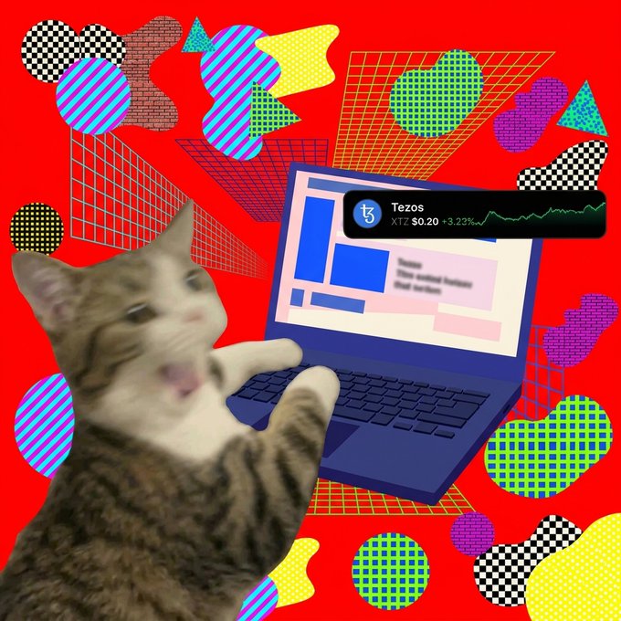 Meme-style image of a cat typing on a laptop showing a rising Tezos (XTZ) cryptocurrency price chart of $0.20 (+3.23%), surrounded by colorful 90s-style geometric patterns.