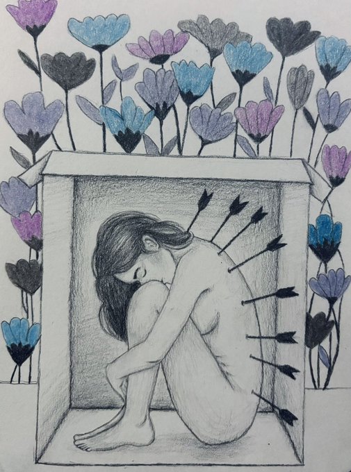 A pencil and watercolor drawing of a girl curled up in a box with arrows piercing her back, surrounded by colorful flowers.