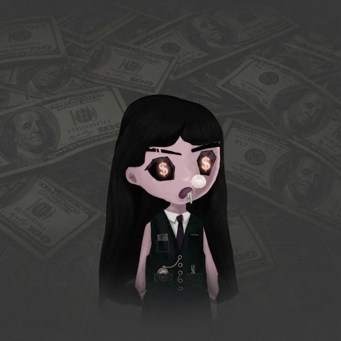 Digital illustration of a stylized character with long black hair, wearing a vest and tie, blowing a bubble gum bubble, with dollar signs for eyes, set against a background of scattered US $100 bills.