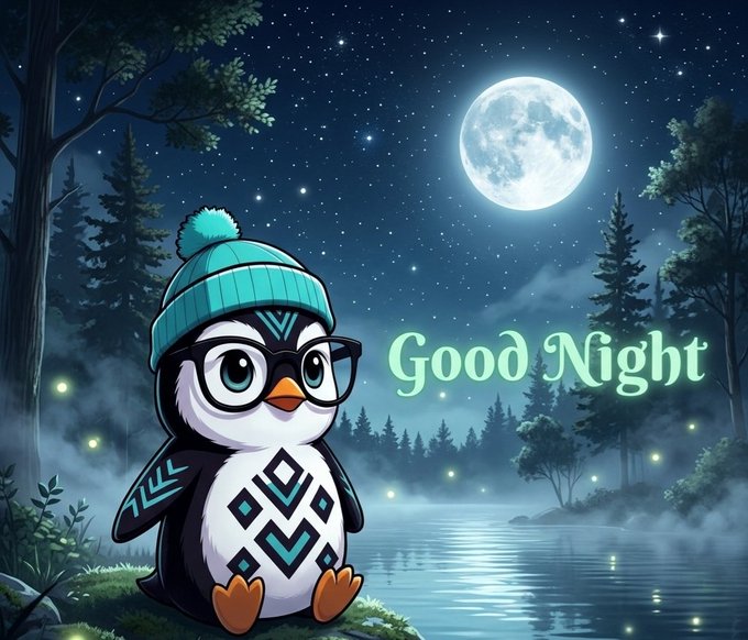 A cute cartoon penguin wearing a teal beanie and glasses sits by a moonlit lake with the text "Good Night" glowing in the night sky, perfectly matching the post's sleep-themed sign-off to its audience of "bros." The serene, dreamy illustration visually reinforces the bedtime framing of the message discussing privacy-focused crypto projects.