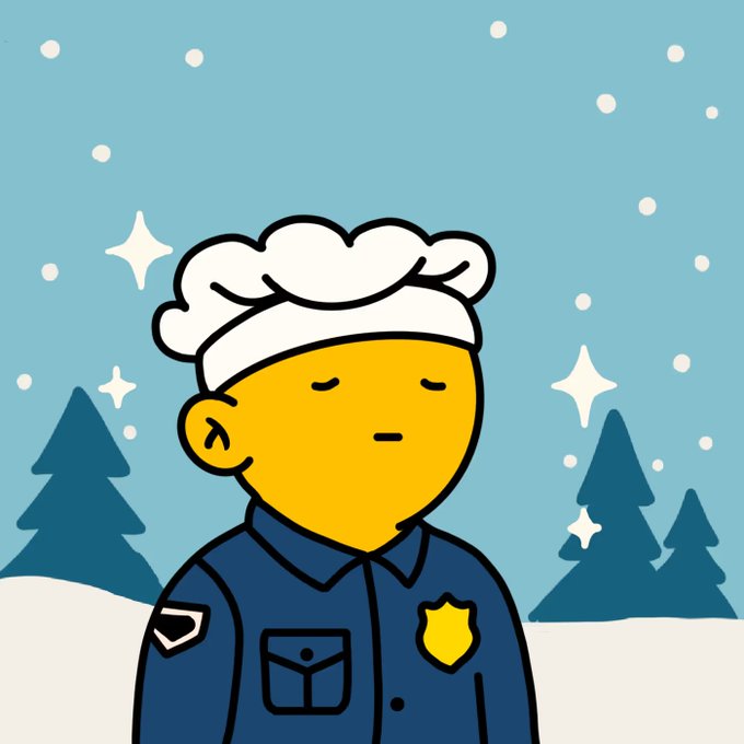 A digital illustration depicts a yellow-skinned character in a blue police uniform with a badge, wearing a white chef's hat, with closed eyes set against a snowy, starry background with pine trees.