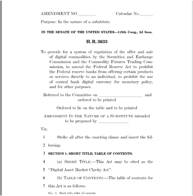 This image shows the first page of a Senate amendment (H.R. 3633) for the 119th Congress, titled the "Digital Asset Market Clarity Act," which proposes regulations for digital commodity trading through the SEC and CFTC. The text relates to the accompanying post as it represents the legislation at the center of the political negotiations, with the amendment being "in the nature of a substitute" ahead of a Tuesday vote described as Republicans' final offer to Democrats regarding crypto regulation oversight.