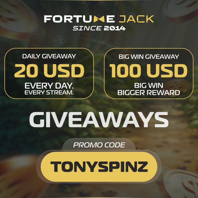 A promotional graphic for 'FORTUNE JACK SINCE 2014' advertising daily giveaways of '20 USD' and big win giveaways of '100 USD,' with a promo code 'TONYSPINZ' displayed prominently.