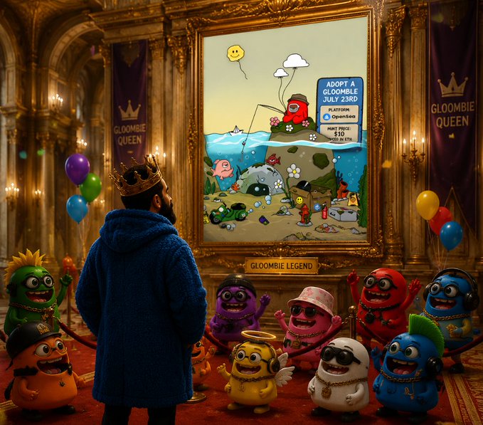 A man in a blue robe and crown stands before a large ornate painting labeled 'GLOOMBIE LEGEND' advertising 'ADOPT A GLOOMBIE JULY 23RD' on OpenSea, surrounded by colorful cartoon Gloombie characters and banners reading 'GLOOMBIE QUEEN'.