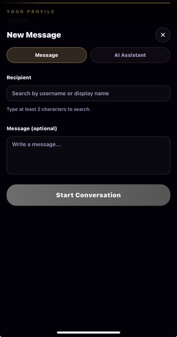 A mobile app screenshot showing a 'New Message' interface with options for 'Message' and 'AI Assistant,' including fields for recipient search and an optional message, plus a 'Start Conversation' button.