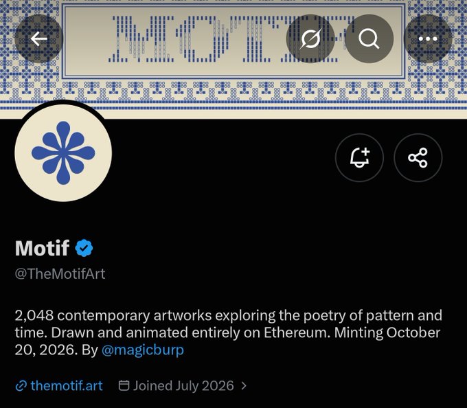 A Twitter/X profile page for "Motif" (@TheMotifArt) featuring a blue pixelated asterisk logo, a decorative banner with the text "MOTIF" in pixel art style, and a bio reading: "2,048 contemporary artworks exploring the poetry of pattern and time. Drawn and animated entirely on Ethereum. Minting October 20, 2026. By @magicblump" with a link to themotif.art and a join date of July 2026.