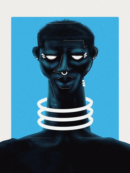 Stylized digital illustration of a dark-skinned figure with closed, glowing white eyes and geometric line accents, wearing a white ringed collar against a blue background.