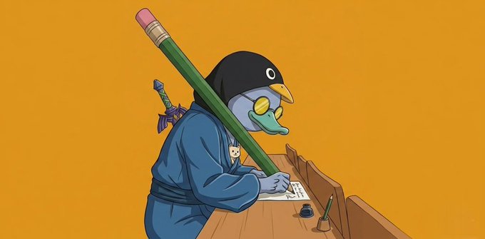 urn of water on a desk, with a pencil and pen nearby, accompanied by a cartoon character dressed as a blue bird.