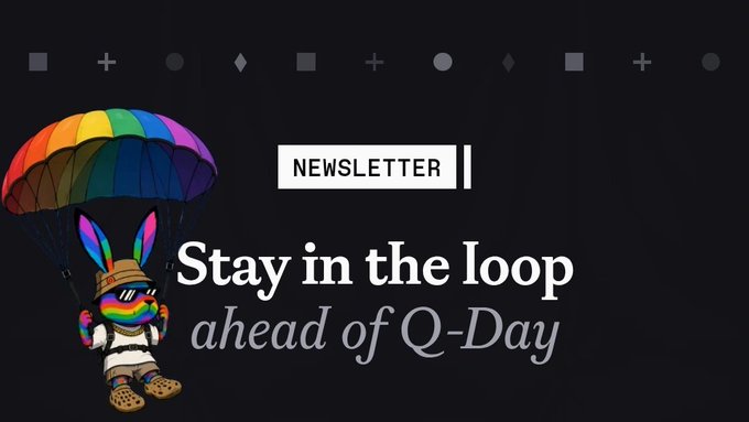The image features a cartoon rabbit with rainbow-colored ears, holding a colorful umbrella that has "Stay in the loop ahead of Q-Day" written on it. The rabbit appears to be walking or running through an urban environment, surrounded by various objects such as buildings and cars. The text "GQuip Quantum Echoes NFTs on the way Real quantum randomness Onchain For the first time Quantum Echoes isn' t a regular mint it' s infrastructure wearing an NFT Free to mint Eigen Keys unlock what comes next on @quipnetwork".