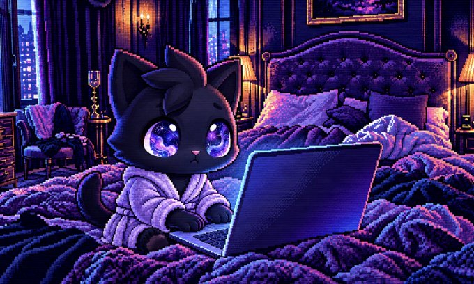 A digital pixel art illustration of a cute black cat with galaxy-patterned eyes wearing a purple bathrobe and using a laptop on a bed.
