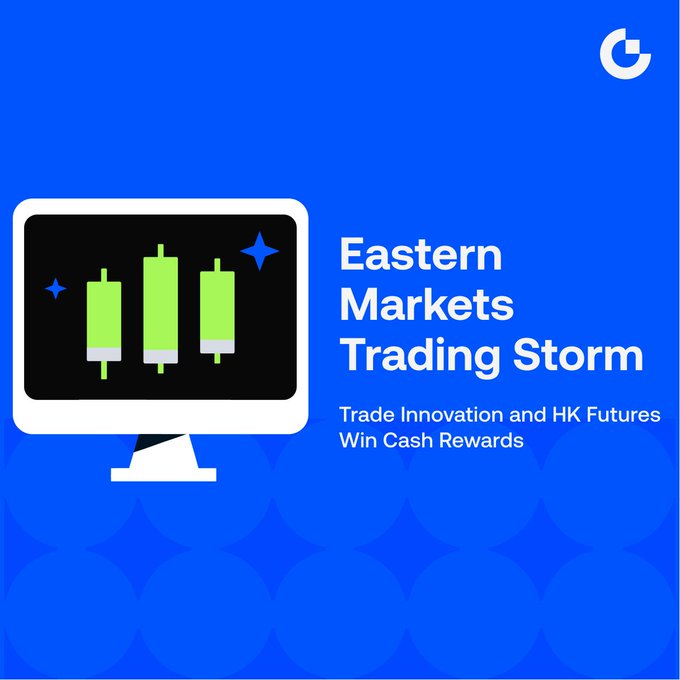 A promotional graphic with a blue background showing a computer monitor displaying green stock candlestick charts, with the text "Eastern Markets Trading Storm - Trade Innovation and HK Futures Win Cash Rewards" and a stylized 'G' logo in the top right corner.