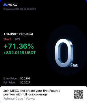 The image shows a MEXC trading screenshot highlighting a successful ADAUSDT Perpetual Short position (20X leverage) that delivered a +71.36% profit, equating to +832.0118 USDT, with an entry price of $0.2102 and fair price of $0.2027. The promotional caption "Join MEXC and create your first Futures position with full loss coverage" reinforces the user's post about closing the trade profitably and inviting others to follow the example.