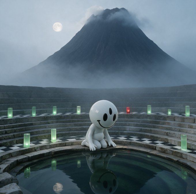 A small white smiling figurine crouches at the edge of a circular stone pool, surrounded by green and red glowing lanterns and a dramatic misty volcano beneath a full moon in the background—evoking a serene, meditative "wen zen" moment of calm reflection.