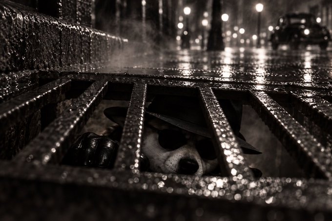 A black-and-white noir-style image shows a dog in a fedora hat peering up through a wet metal street grate at night.