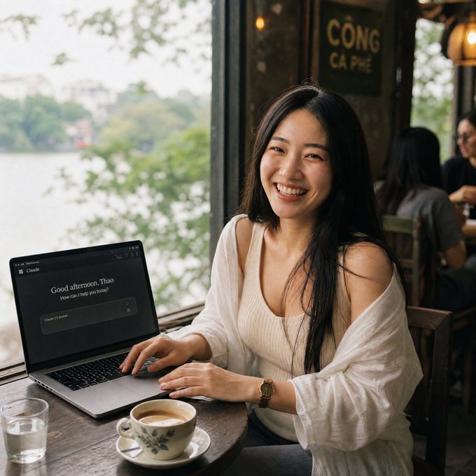 A young woman with long dark hair smiles warmly while working on a laptop at a lakeside café, with the screen displaying "Good afternoon, Thao, How can I help you today?" and a "CỘNG CÀ PHÊ" sign visible in the background.

The image's professional, on-the-go work setting parallels the post's theme of hands-on, operational governance—showing thoughtful engagement with decisions that have real financial impact, much like how $SHIP holders could directly influence practical outcomes like emergency repair fund releases.