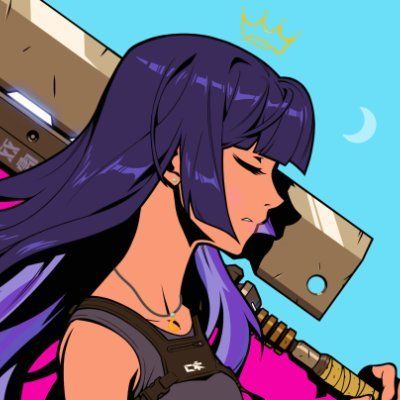 An anime-style illustration of a woman with long dark purple hair, closed eyes, a gold crown floating above her head, and a sword on her back.