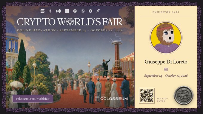 A promotional graphic for the 'Crypto World's Fair' online hackathon running September 14 - October 12, 2026, sponsored by Colossum, featuring an exhibitor pass for 'Giuseppe Di Loreto' with an illustrated bear avatar and a QR code to scan to enter.