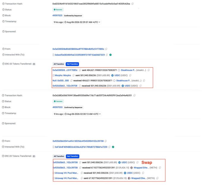 A blockchain transaction explorer interface displaying two successful transactions on the Sepolia network showing ERC-20 token transfers between addresses, including swaps and Uniswap interactions.