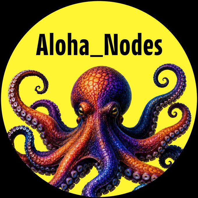 The image features a vibrant circular logo with a yellow background and an intricately detailed purple and orange octopus at the center, with the text "Aloha_Nodes" displayed prominently at the top. The post introduces Parker Roth as the head of @Aloha_Nodes, with the logo serving as the visual identity for the decentralized infrastructure project he leads.