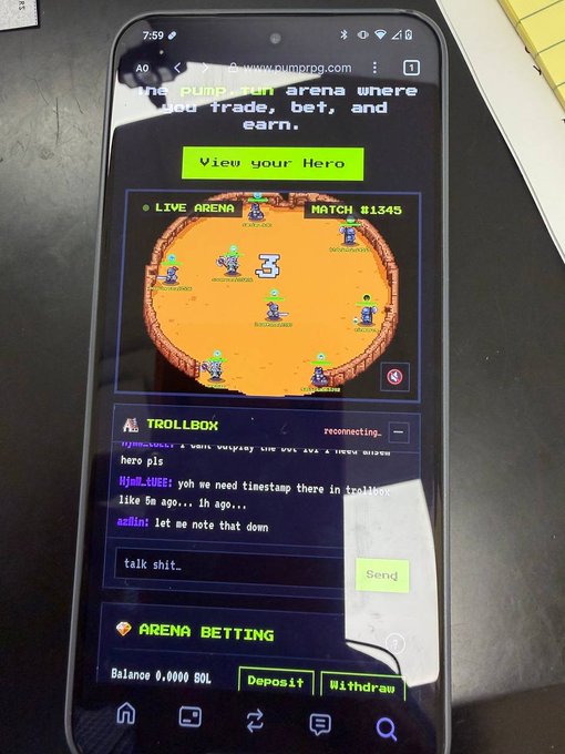 A photograph of a smartphone displaying the website 'pumprpg.com' with the text 'The Pump RPG arena where you trade, bet, and earn,' showing a live arena game and a chat window.