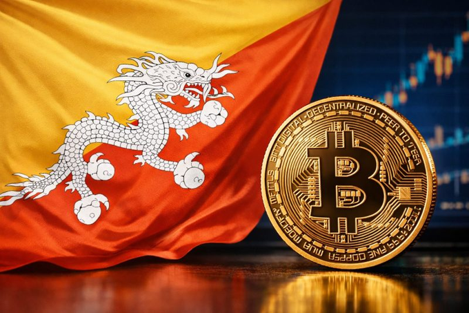 A composite image displaying the flag of Bhutan on the left next to a gold Bitcoin coin on the right, set against a background of financial trading charts.