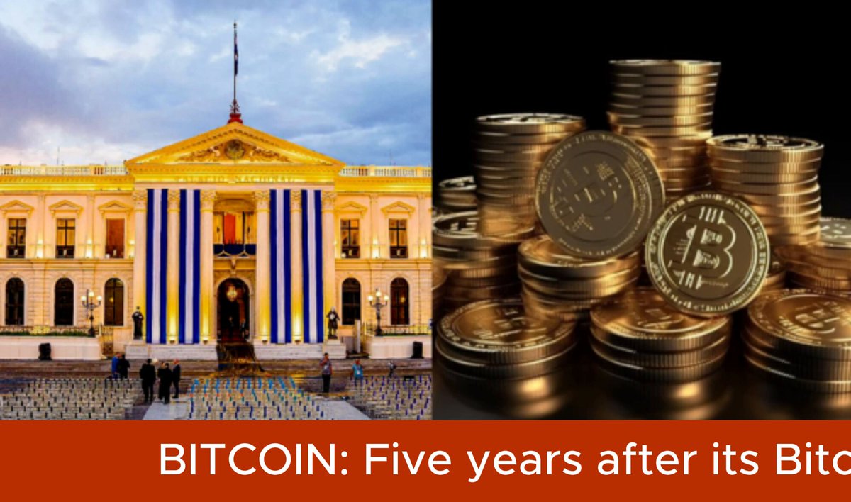 In this image, there are two photos of El Salvador's government buildings against a cloudy sky backdrop. The first photo features a large building with columns and a flagpole, while the second shows smaller buildings located within the same area. Both images contain gold coins as their main focus. Above these images is a post that reads "BITCOIN: Five years on, El Salvador is still all in on Bitcoin", indicating the five-year period since El Salvador became the first country to pass its own Bitcoin law. The post also mentions that the government holds around $480 million worth of Bitcoins and has never sold a single coin.