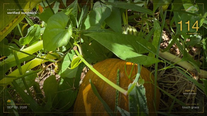 Photo of a pumpkin growing on the vine surrounded by leaves, with overlay text 'PROOF OF GRASS verified outdoors', 'CURRENT STREAK DAY 114', 'TOP 1% GRASS TOUCHERS', and 'SEP 09, 2026 touch grass'.
