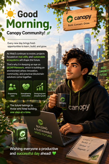 A promotional 'Good Morning, Canopy Community!' graphic featuring an illustrated young man with a laptop and coffee mug, promoting Web3 development and CNPYNetwork with the tagline 'BUILDING A SUSTAINABLE WEB3 FUTURE.'