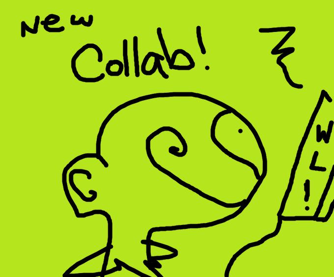 Hand-drawn doodle of a cartoon character with a large eye, holding a flag, with the text 'NEW Collab!' written on a yellow-green background.