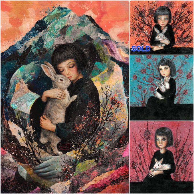 A collage of fantasy paintings featuring a dark-haired girl embracing a white rabbit, with one panel labeled 'SOLD' and the main artwork signed by 'Grassland Hummel'.