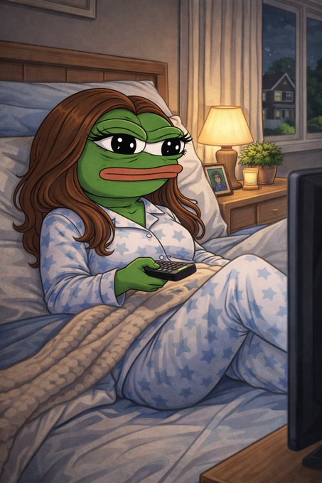 A cartoon frog character with long brown hair, wearing star-patterned pajamas, lounges in bed while holding a TV remote, looking exhausted as she watches TV late at night—mirroring the post's sentiment of a draining, isolating day spent passively monitoring the crypto market after being burned by a rug pull.