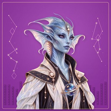 A fantasy digital illustration of a blue-skinned elven figure with large ears wearing ornate robes against a purple background with constellation-like patterns.