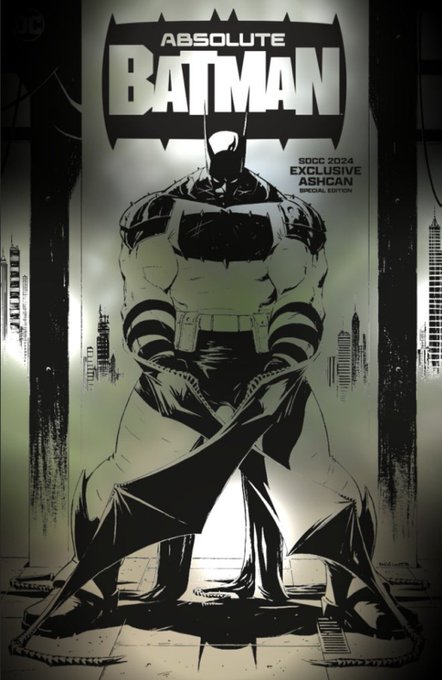 A black-and-white comic book cover for "ABSOLUTE BATMAN" featuring a muscular Batman figure seated on a throne with ropes, with text reading "SOCC 2024 EXCLUSIVE ASHCAN SPECIAL EDITION."