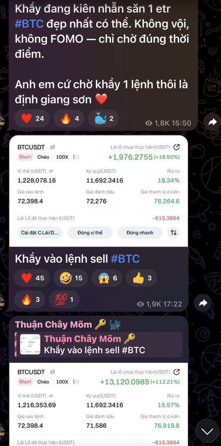 A screenshot of a Vietnamese Telegram channel discussing Bitcoin (BTC) trading, showing messages about shorting BTC and trading screenshots for BTCUSDT with a 100x leverage position showing profits of +1,976.27 USDT.