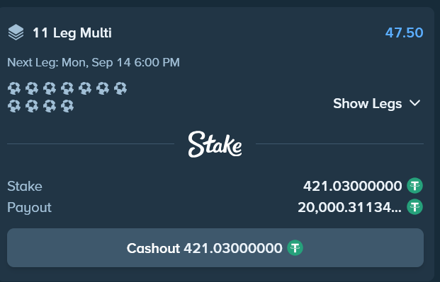 The image shows a Stake betting slip featuring an 11-leg multi with a total stake of 421.03000000 (likely in USDC) and a potential payout of 20,000.31134, with the next leg scheduled for Mon, Sep 14 at 6:00 PM. This relates to the post's request for USDC deposit addresses and prayers, as the bettor is asking for good luck in hopes of cashing out the multi for a tip giveaway to commenters.