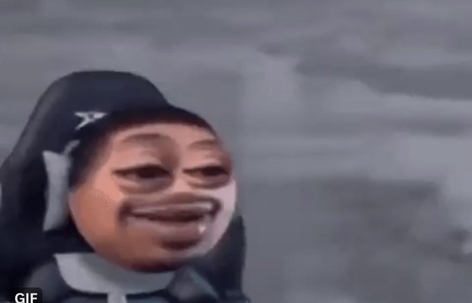 The image shows a laughing nun meme with an exaggerated, grinning face, commonly used to express amusement at someone's foolishness or a ridiculous situation. The "GIF" label is visible in the bottom corner. The image humorously represents the absurdity of rug pull developers exploiting a previous "send money, get NFT" scam to trick more victims into sending funds, highlighting the laughable gullibility of people falling for the same tactic twice.