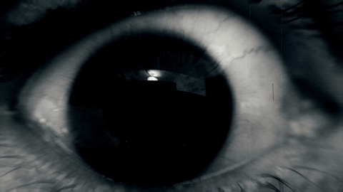 A dark, moody close-up of an eye in grayscale, where the pupil's reflection appears to contain a faint "$" symbol and other faint markings, visually echoing the post's theme of a crypto "simulation" transforming into XRP, with the somber tone matching the post's "dark simulation" description.